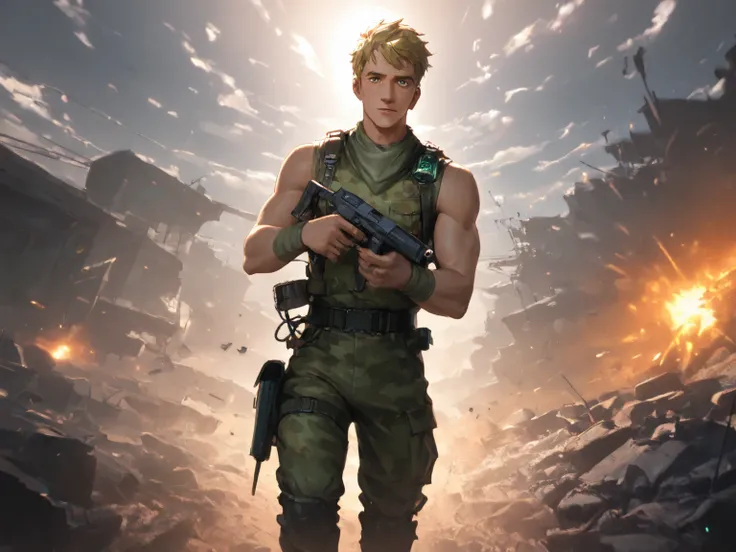 (Jonesy, jonesy, military outfit, sleeveless shirt, male, male focus, 1man), running a battlefield, holding a gun, sunlight, explotions, (detailed background), dynamic action view from eyes-level