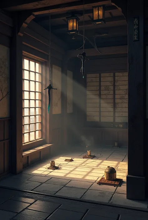  a room inside a medieval Japanese castle, with ninja traps 