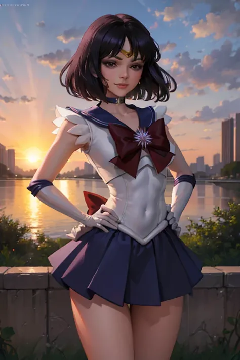 (absurdres, highres, ultra detailed, HDR), masterpiece, best quality, solo, 1girl, sailor saturn, magical girl, smile, closed mouth, looking at viewer, hand on hip, tiara, sailor senshi uniform, pleated skirt, elbow gloves, jewelry, brooch, choker