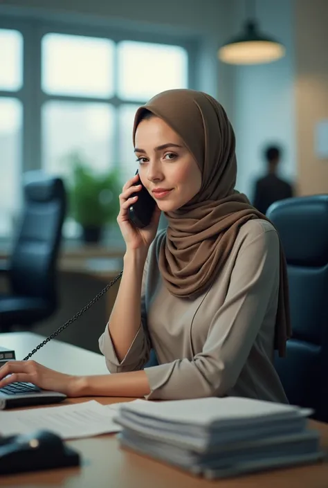 A female operator working in the office wearing a headscarf is talking on the phone