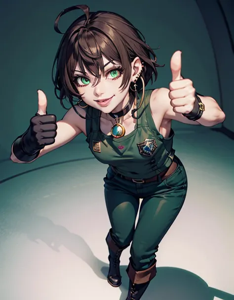 1 woman, short hair, brown hair, green eyes, dark green T-shirt, white combat vest, green kaki pants, black fingerless gloves,  red choker, green and white combat boots, white socks, white stud earrings, full body, thumbs up, smile,  