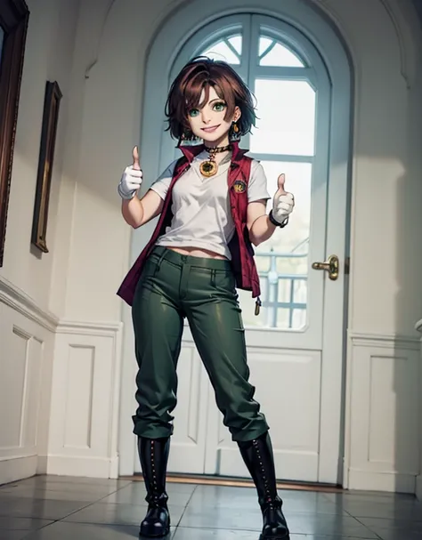 1 woman, short hair, brown hair, green eyes, dark green T-shirt, white combat vest, green kaki pants, black fingerless gloves,  red choker, green and white combat boots, white socks, white stud earrings, full body, thumbs up, smile,  