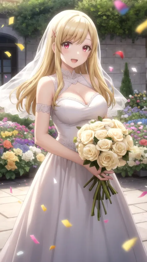 Masterpieces, Best Quality, girl, looking at viewer, yamada_yellow, blonde hair, solo, long hair, hair ornament, x hair ornament, red eyes, large breasts, wedding Dress, standing, garden, confetti, holding bouquet, smile, open mouth 