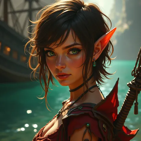 Elf pirate lady, short brown hair, green eyes. The setting conveys a sense of adventure and fantasy, with a backdrop that hints at a pirate ship. Vibrant colors enhance the visual impact, while dynamic lighting casts dramatic shadows, highlighting the warr...