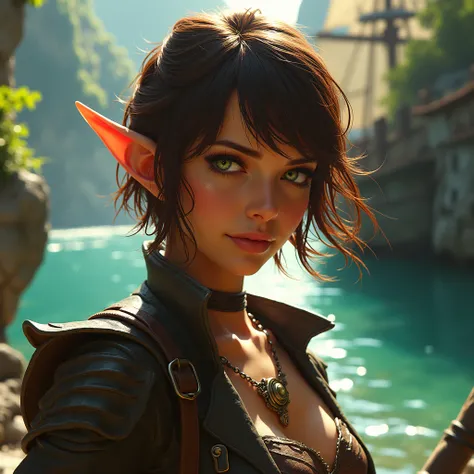 Elf pirate lady, short brown hair, green eyes. The setting conveys a sense of adventure and fantasy, with a backdrop that hints at a pirate ship. Vibrant colors enhance the visual impact, while dynamic lighting casts dramatic shadows, highlighting the warr...