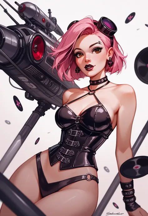 score_9, score_8_up, score_7_up, source_cartoon, beautiful, Swashbuckler, Pink hair,  brown eyes, Seafoam green halter top, Black vinyl corset with metal clasps, Long jet black straight hair, Vibration-enhanced paddle system, Goth monster