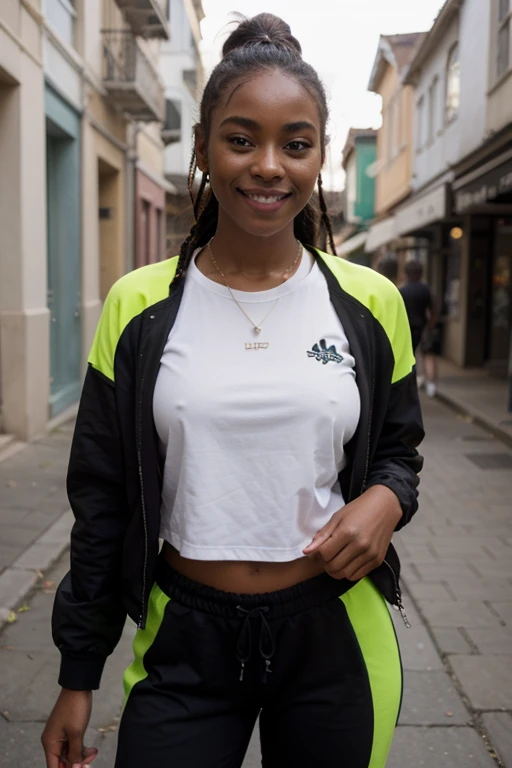 African black woman, very dark ebony skin, smile, dreadlocks chignon, Fitness musclular body, neon yellow tracksuit , close-up portrait, from face, street Block 