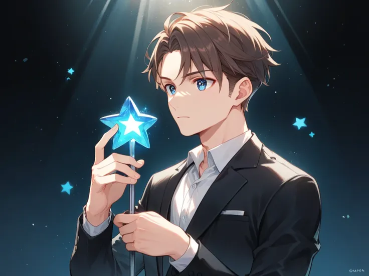 Very Dark Brown hair, blue star eyes, black suit, under a spotlight, black stage background, holding a star, ONE BOY, ALONE 