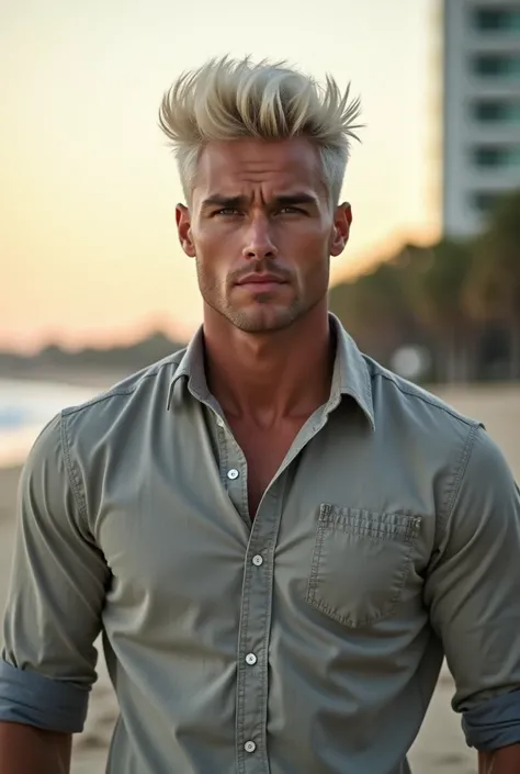   

*"A tall, lean, and fit Australian male with a confident stance. He has thick, high-volume white hair that is slightly tousled, giving a natural yet stylish look. His striking green eyes stand out, conveying intensity and charisma. His facial features ...