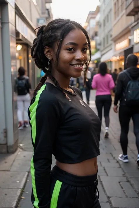 African black woman, very dark ebony skin, smile, dreadlocks chignon, Fitness musclular body, neon green tracksuit , close-up portrait, from face, street Block 