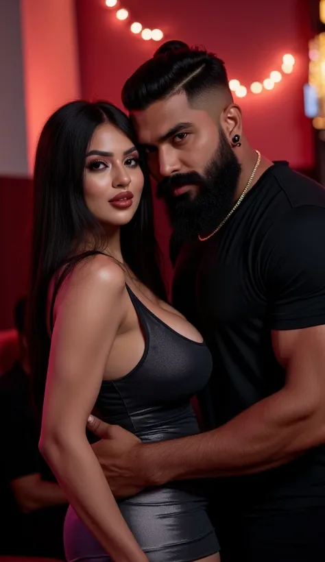 hot tall indian white skin thick body curvy physique woman with small black dot bindhi between her eyebrow, long black hair, woman wearing sexy shiny dress, in indian dark slum club, ultra hd photo, 4k picture, perfect view, woman standing with a normal un...