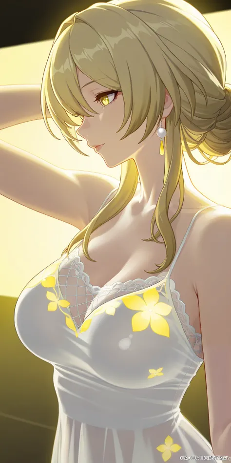 masterpiece, best quality, mature woman, milf, blonde hair, chignon hair, camisole, honkai: star rail cg style, upper body, dynamic lighting, yellow light, light white yellow colour costume.side view. light transparent dress, tight breast , net style apply...