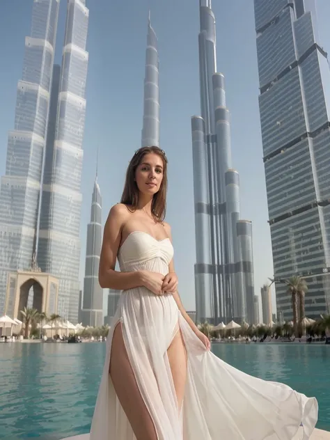 high quality, ((photo du corps entier)), (detailed), pose sexy, regarde devant la caméra, visage parfait, smirk, Women's model, joli visage, bonne taille, grosse poitrine, ((femme Arabe)), devant Burj Khalifa, vêtements ethniques Emirats