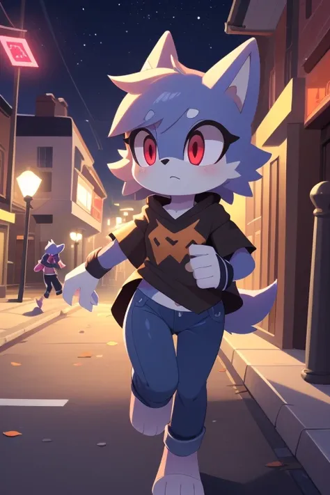 (nox (pal), periwinkle fur, chest crystal, red eyes, female),(poncho, ),(pizademokttero,),anthro,(jeans, ),(t-shirt:1.1),jogging,autumn,quiet neighborhood,paws,