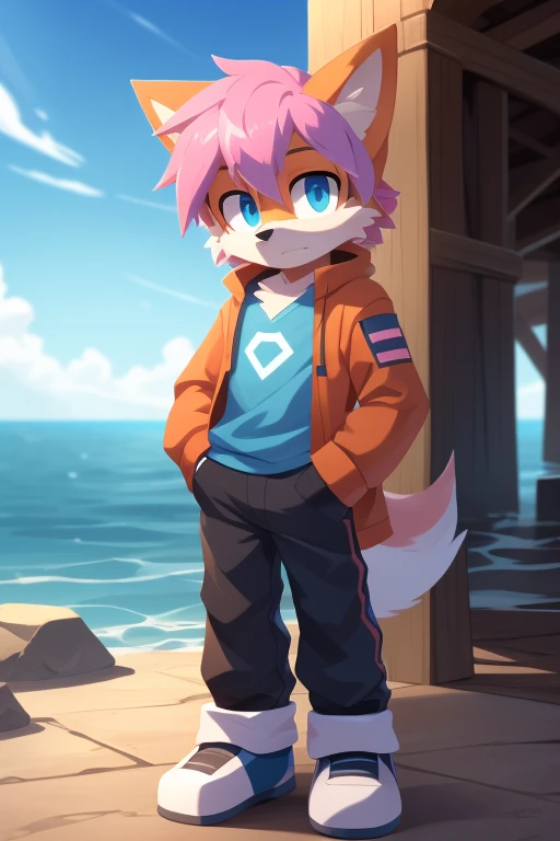 Chill guy 

score_9_up, score_8_up, score_7_up, source_furry, mikus-concept, hands hidden in pockets, big black nose, expressive eyes, standing, Ark, white fur, pink and blue hair, blue eyes, fox, furry male, pink hair