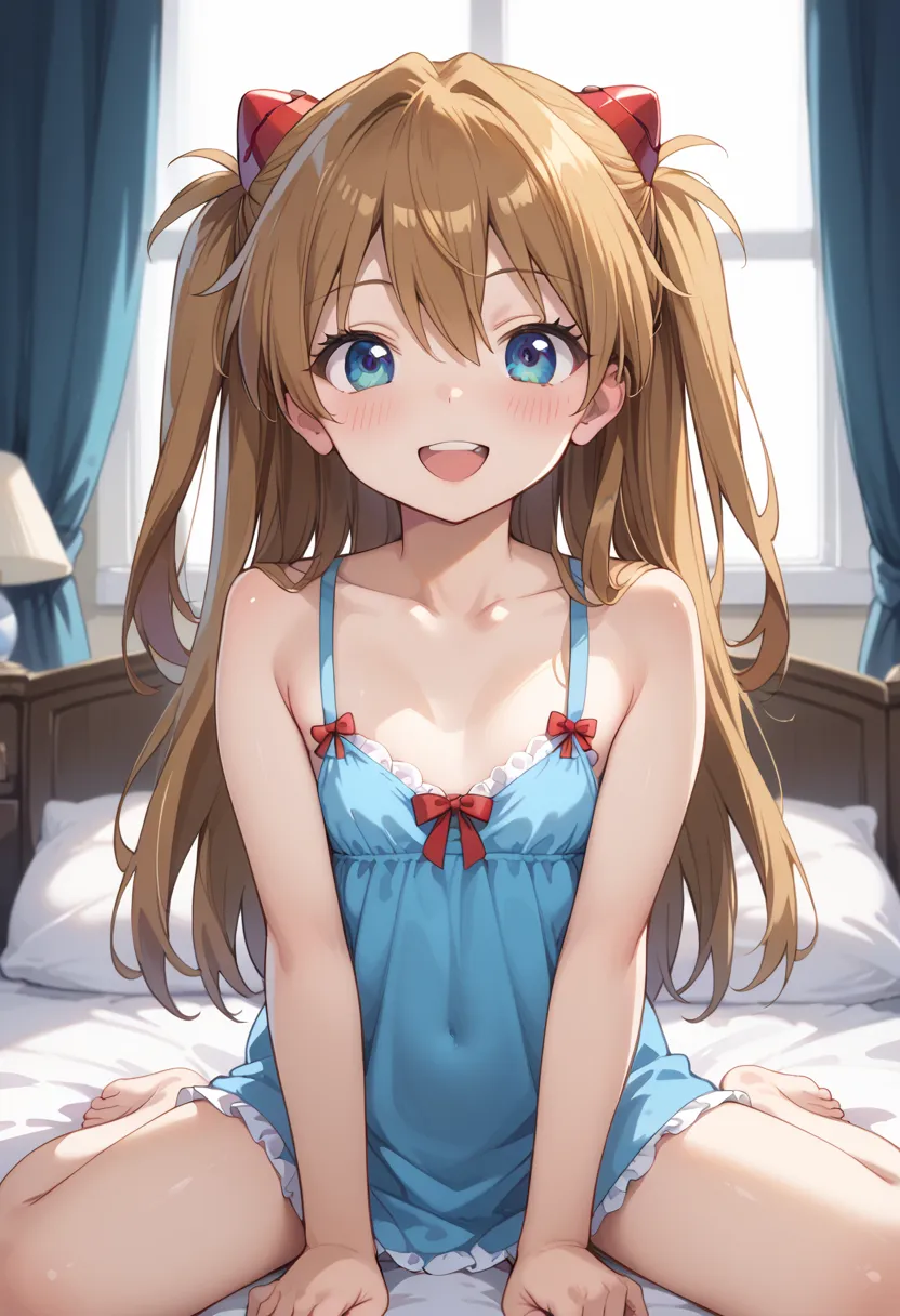 (( top quality)), (( Masterpiece)), (be familiar with),  perfect face,  indoor, bedroom,  watching viewers,
One woman,  Soryu Asuka Langley,
開いた口,  ecstatic expression, blush, smile,
 small tits,  flat chest, Young girl,  lori,  s,  girl,
 long hair,  two ...