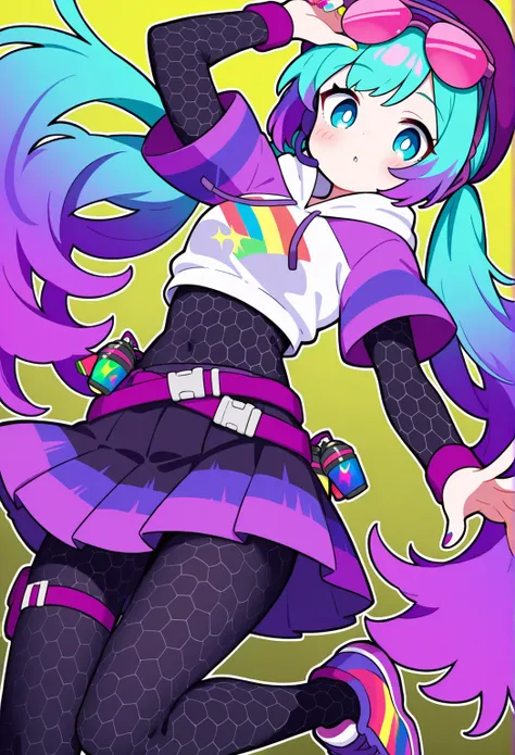 britemiku, long hair, multicolored hair, gradient hair, twintails, aqua hair, purple hair, blue eyes, purple beret, pink eyewear, eyewear on headwear, sunglasses, layered sleeves, short over long sleeves, purple headset, black bodysuit under clothes, hexag...