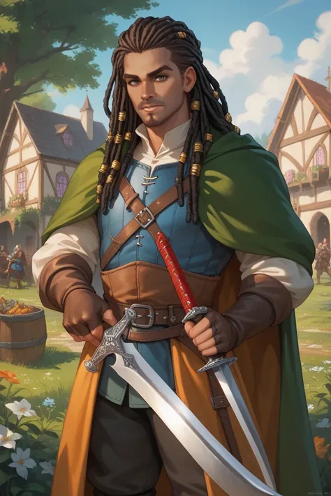 Dreadlock. Male character. Medieval. Rogue. Prince. Holding a blade.