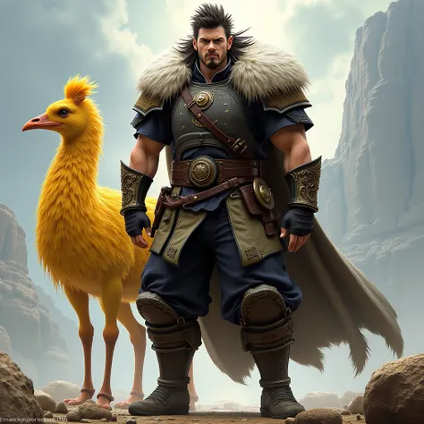 Warrior Man based on Final Fantasy VI. Behind him is a yellow chocobo