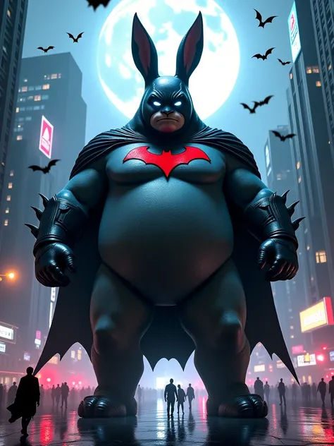 A colossal, overweight rabbit standing heroically in the middle of a futuristic Gotham-like city at night, fully transformed into a Batman-inspired figure. Its body is round and bulky, covered in deep black fur with subtle blue highlights, mimicking Batman...