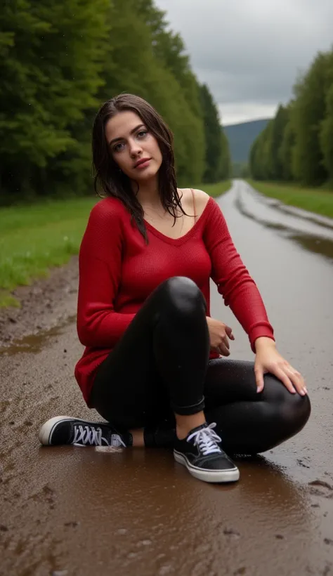 (Full Body Shot, Rainstorm, ((nude woman sitting on muddy road, 20 years old, soaking wet, dark long hairs,))(wet sweater, bare shoulders, long sleeves, red, soaking wet,)(wet leggins, black, soaking wet,)((feets,))(Vans sneakers, black, soaking wet,) Rain...