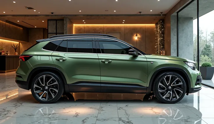 Create a hyper-realistic image of the 2025 Skoda Enyaq Facelift in Khaki Green with subtle black accents, positioned centrally in an upscale showroom. The side profile should showcase its long, aerodynamic stance with a sculpted body, smooth flowing lines,...