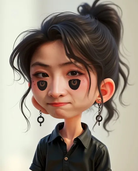 The image shows a cartoonish young girl with dark hair pulled back into a ponytail and fair skin. She is wearing a black satin shirt with a shiny texture and black earrings. The girl has puffed out her cheeks, giving her face a funny and capricious express...