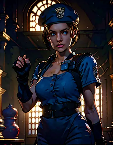 score_9, score_8_up, score_7_up, score_6_up, score_5_up, score_4_up, photoshop \(medium\), RE1Jill, blue eyes, brown bob cut, beret, breasts, fingerless gloves
, dark environment, mansion, indoors, moody lighting