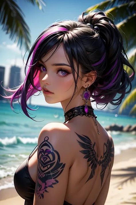 Create a beautiful girl, she has black hair and half of her head is bald, her hair is short and beautiful with some purple highlights, she has several tattoos, Naked on a beach, the setting is a city, she has several accessories such as earrings and jewelr...