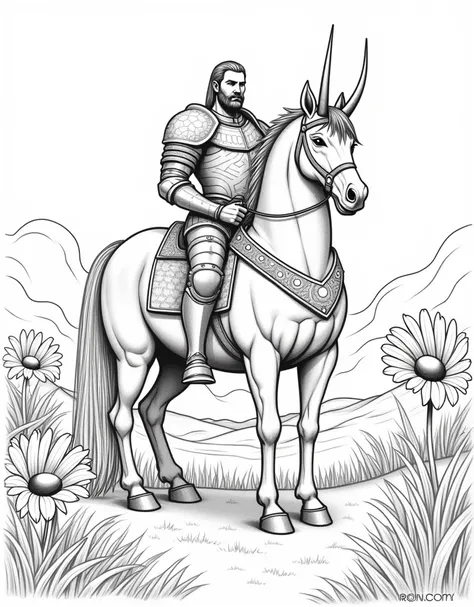 Make aNoble Centaur in a Rolling Meadow with Giant Flowers – A majestic centaur warrior stands in a field of large, easy-to-color flowers. The grass is wavy and bold, with hills rolling behind in soft curves. everything done pencil line art. coloring page