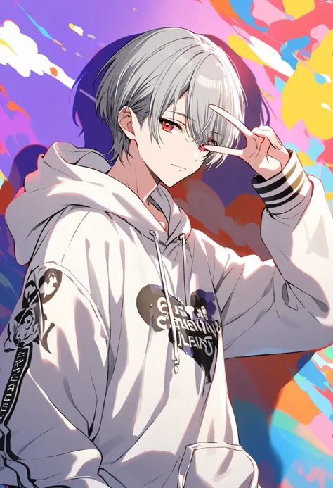  white chrome hearts hoodie, wearing a hoodie hood, handsome,  alone, 1 male, Gray Hair,  red eyes,noon,  white light, cute eyes , Short Hairstyle , looking at the camera,Making a peace sign, colorful background,painted background ,Cutesy