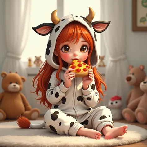 little is a  girl with fair skin, honey-colored eyes, rosy cheeks, She also has long red hair. wearing pajamas in the form of a cow costume with ears and a hood, bare feet, sitting in a cute white-toned room with stuffed animals, in her hand a slice of piz...