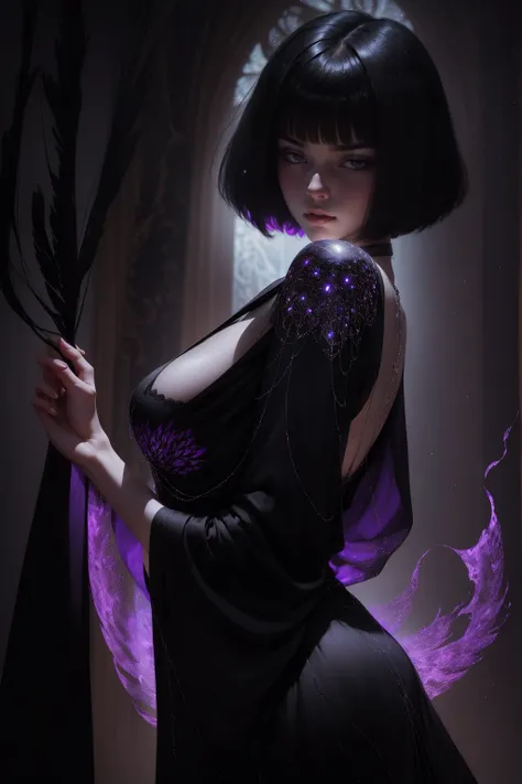 she has short hair, flowing raven-black hair (bangs) and pale, almost ethereal skin. Her eyes are a deep violet, giving her an otherworldly appearance. She dresses in flowing robes of dark purple and black, often adorned with symbols of the occultism, back...