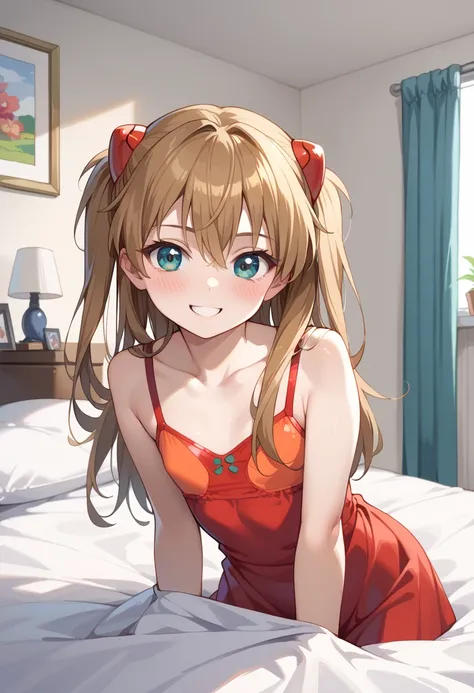 (( top quality)), (( Masterpiece)), (be familiar with),  perfect face,  indoor, bedroom,  watching viewers,
One woman,  Soryu Asuka Langley,
開いた口,  ecstatic expression, blush, smile,
 small tits,  flat chest, Young girl,  lori,  s,  girl,
 long hair,  two ...