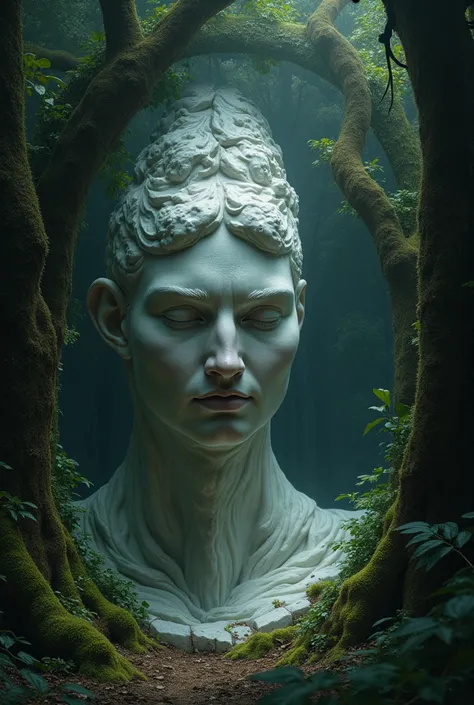 First person perspective, you find a mysterious mirror deep in the forest, and a beautiful stone statue of a woman is reflected in the mirror. There is no cursed statue to begin with, you are the one who is cursed to become the statue. Create a work of art...