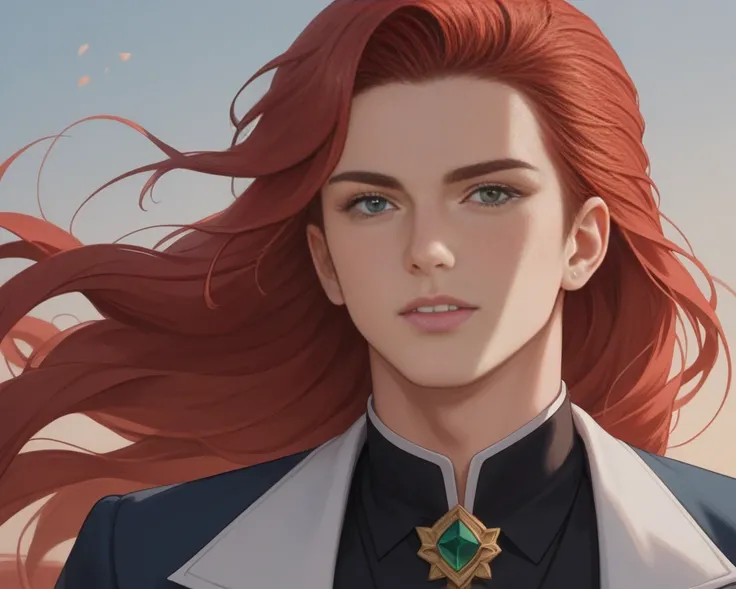 Anime style In short, this character is a man of unparalleled beauty, with refined features that bring him closer to the feminine ideal, without, however, losing his masculinity. His long red hair and blue-green eyes frame a face with delicate features. Hi...