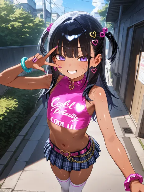 loli,,,cool beauty,,gyaru,smile,,outdoor,looking viewer,,blush,sweating,,black hair,dark skin,crop top,miniskirt,thighhighs