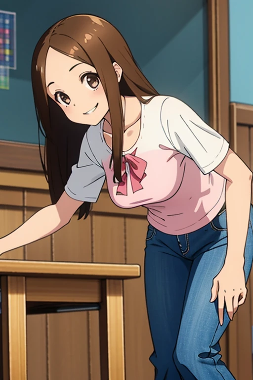 (realistic),(realistic),Takagi_sr.. Miss.,  A girl, ，  long hair,(( white school shirt )),   brown hair,   separated fringe , ( out of four)， brown eyes, pink blouse , Abundant and large breasts , cleavage,Light Blue Short Jeans , pink blouse ,amount, smil...