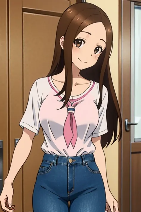 (realistic),(realistic),Takagi_sr.. Miss.,  A girl, ，  long hair,(( white school shirt )),   brown hair,   separated fringe , ( out of four)， brown eyes, pink blouse , Abundant and large breasts , cleavage,Light Blue Short Jeans , pink blouse ,amount, smil...