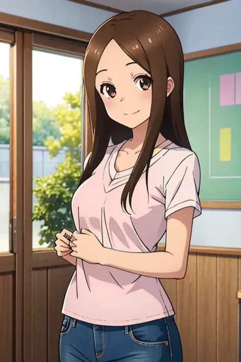 (realistic),(realistic),Takagi_sr.. Miss.,  A girl, ，  long hair,(( white school shirt )),   brown hair,   separated fringe , ( out of four)， brown eyes, pink blouse , Abundant and large breasts , cleavage,Light Blue Short Jeans , pink blouse ,amount, smil...