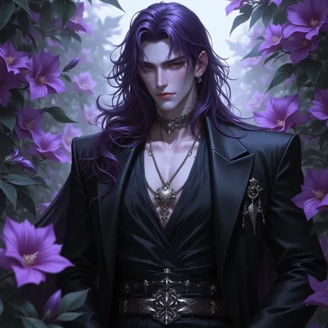  mature man, handsome,  long dark purple hair ,   black eyes,   elegant clothes in black and silver,  garden background with purple flowers , pose of superiority,  Dark fantasy.