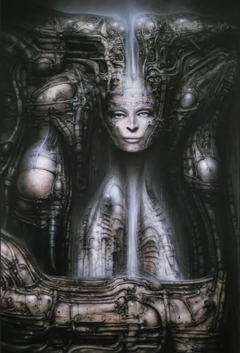 DARK BLACK COLORS, Giger_style, H. R. Giger's g1g3r, , Giger_style, The image is a detailed view of H.R. Giger's \" HRG Aleph \" plate, featuring ( The image depicts a surreal, intricate artwork featuring two humanoid figures with mechanical or industrial ...