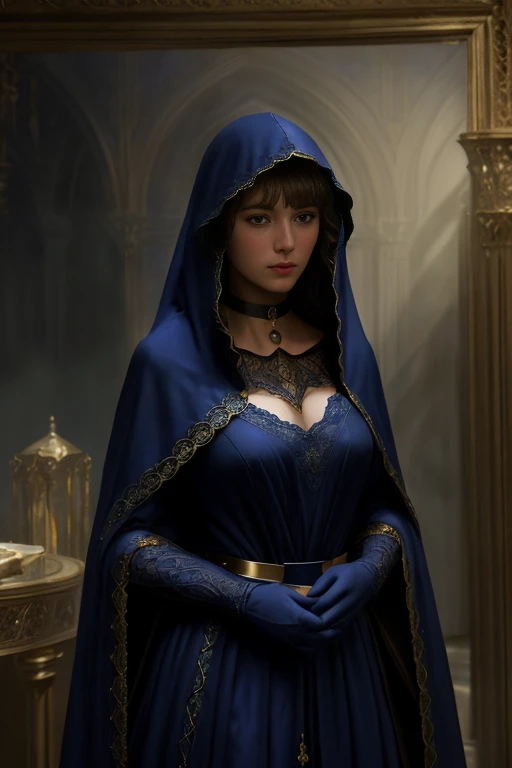 Beautiful (paladin:1.0), wearing a [:dark blue:.2] (lace) hooded cloak [:with gold embroidered trim:.3], (gothic choker), o-ring collar, [: :.2] fantasy art, concept art, delicate features, feminine, Chiaroscuro , (style of howard chandler christy:1.0), 8k...