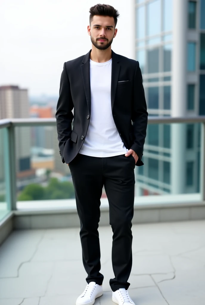 A stylish man in his late 20s, wearing a sleek black blazer over a crisp white t-shirt, paired with tailored black pants and clean white sneakers. He stands confidently in an urban setting, with a modern cityscape in the background. The lighting is soft an...