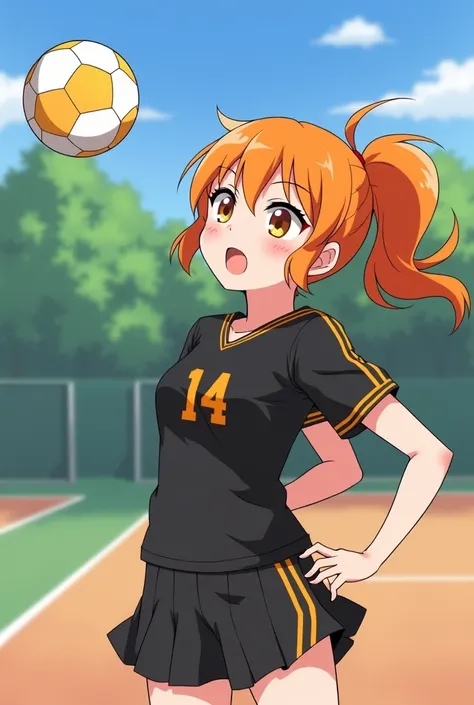 "haikyuu style" a girl with orange hair and a ponytail, honey-colored eyes dressed in a black uniform with orange stripes on the sides with the number 14 (from karasuno) about to hit the ball in the air on a court with the karasuno men (hinata and nishinoy...