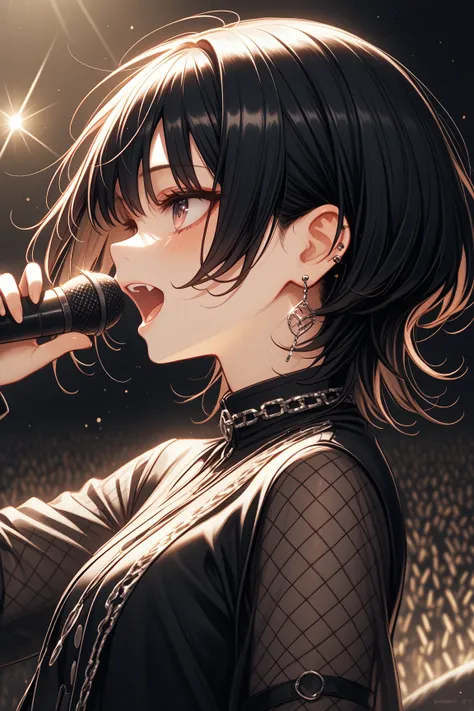  Masterpiece,   top quality,  Max Image Quality,  1 girl,  beautiful black hair,  wolf cut, Earrings,  Rock Band Vocals ,  bandman,  live house, Singing passionately, microphone, profile