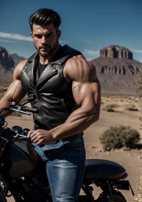 Ultra-realistic, highly detailed, chiseled young burly biker man with a muscular, shredded bodybuilder physique. His massive chest, broad shoulders, and veiny, tattooed arms exude power. His biceps and triceps are flexed, showcasing thick, vascular muscles...