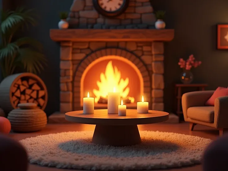 Round table and candles beside candles on the fireplace Carpet seat in front of the fireplace clock beside the fireplace beside the firewood