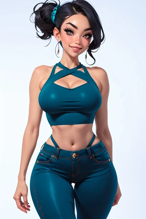 Perfect face. Perfect hands. A black haired woman with teal eyes with an hourglass figure in sparkly crop and jeans is walking around the with a big smile