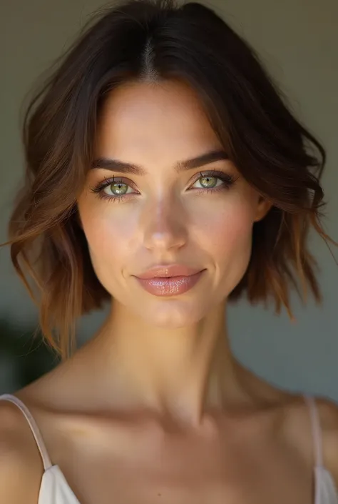  Realistic portrait of a young and dazzling woman with short brown hair,  stylized in an elegant and slightly wavy way .  His eyes are a mesmerizing green tone , shining under the soft light . Your skin is flawless, radiant and well illuminated ,  highligh...